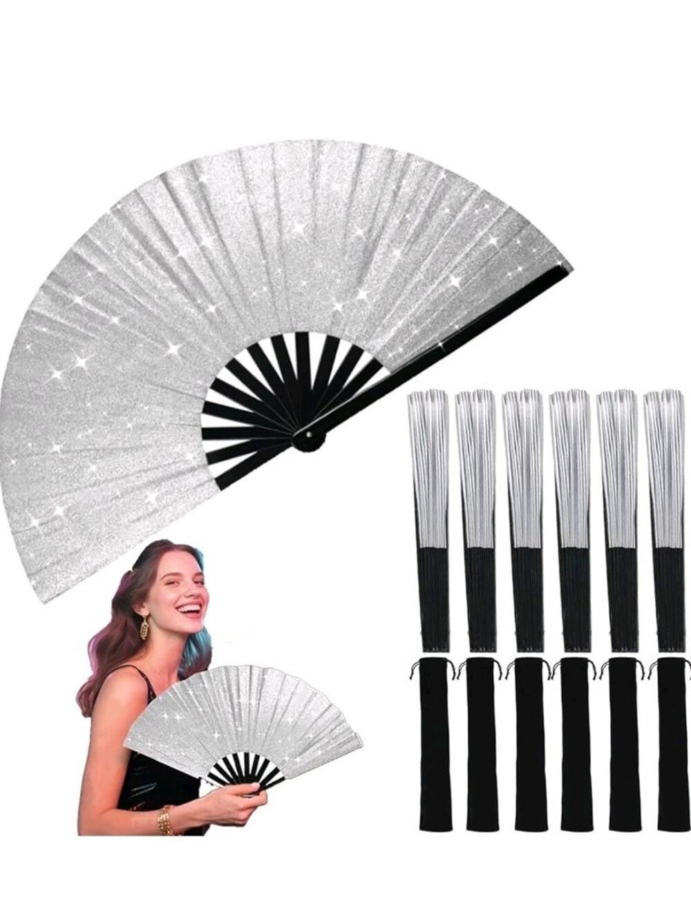 Large Folding Hand Fans 6 PCS for Line Dancing Silver Shimmery Glitter Black s30 - Picture 1 of 8